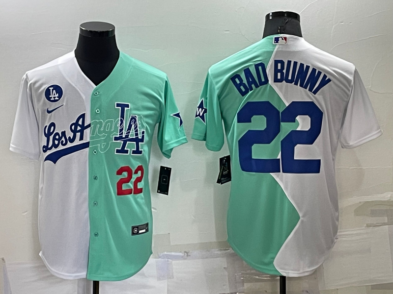 Men's Los Angeles Dodgers #22 Bad Bunny 2022 All-Star White/Green Cool Base Stitched Baseball Jersey Men's Los Angeles Dodgers #22 Bad Bunny 2022 All-Star White/Green Cool Base Stitched Baseball Jersey